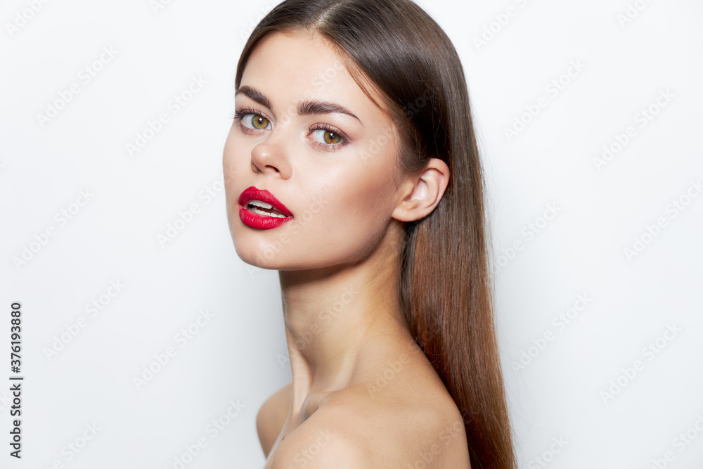 Woman bright makeup Looks forward red lips, pure skin, nature light Woman bright makeup Looks forward red lips, pure skin, nature light