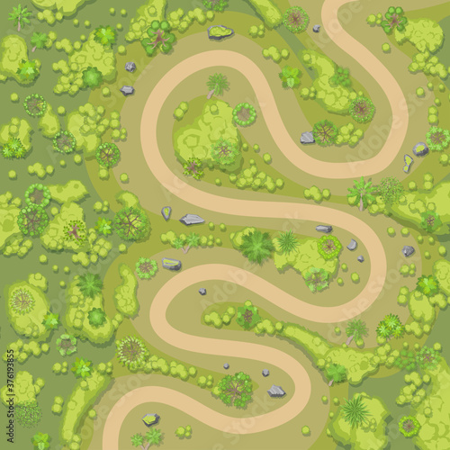 Winding road in the landscape. Top view. Park, forest, trees, road. (View from above) Path for travel in the park.