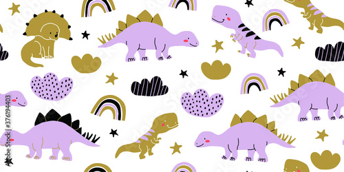 Cute vector seamless pattern with dinosaurs, stars, clouds, rainbows on white background. Dino pattern for kids textile, clothing, fabrics. Scandinavian pattern in hand drawn doodle style