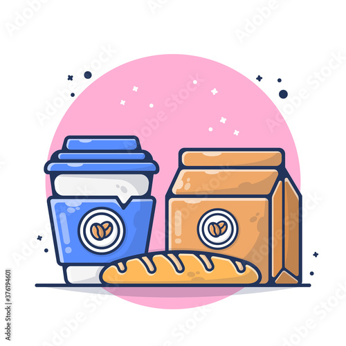 Bread with Hot Coffee Coffee Pouch Vector Illustration. Breakfast Time, Breakfast Menu in Morning.  Flat Cartoon Style Suitable for Sticker, Wallpaper, Icon, etc.