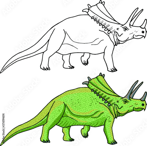 vector dinosaur hasmosaurus. contour for coloring. and a colored dinosaur for children s design.