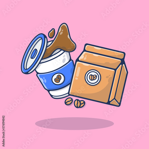 Hot Coffee in Cup with Splash Coffee and Coffee Beans Vector Illustration. Coffee Break. Flat Cartoon Style Suitable for Sticker, Wallpaper, Icon, etc.