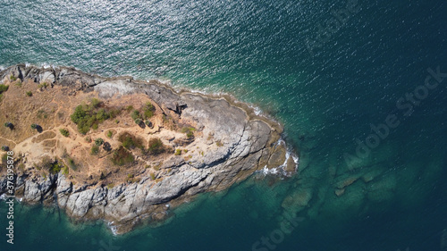 Aerial view. Top view of the peninsula in the middle of the sea, washed by clear turquoise water. Thailand