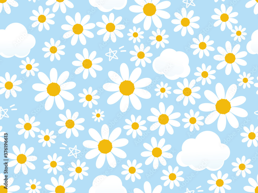 Seamless pattern with daisy flower, cloud and star on a blue background vector illustration.