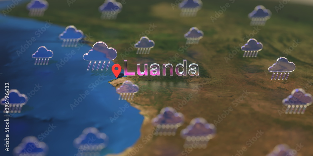 Rainy weather icons near Luanda city on the map, weather forecast related 3D rendering Rainy weather icons near Luanda city on the map, weather forecast related 3D rendering