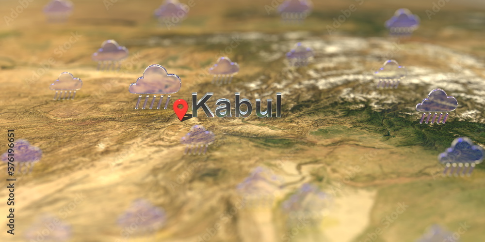 Rainy weather icons near Kabul city on the map, weather forecast related 3D rendering Rainy weather icons near Kabul city on the map, weather forecast related 3D rendering
