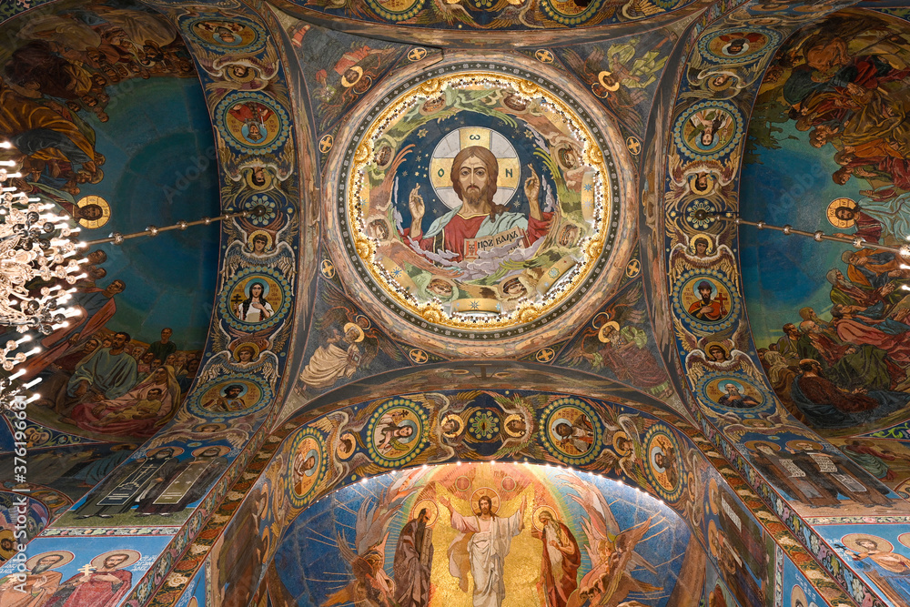 Temple, frescoes, Peterhof, Interior with frescoes, icons and the altar of the Church of the Savior on Spilled Blood in St. Petersburg, Russia - August 23, 2020.
