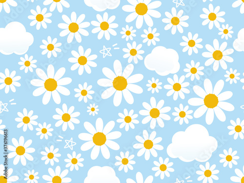 Seamless pattern with daisy flower, cloud and star on a blue background vector illustration.
