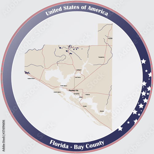 Round button with detailed map of Bay County in Florida, USA.