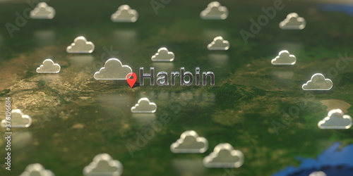 Cloudy weather icons near Harbin city on the map, weather forecast related 3D rendering