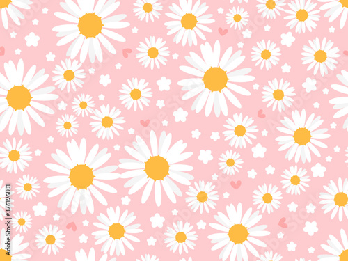 Seamless pattern with daisy flower and heart on a pink background vector illustration. © Thanawat