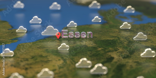 Cloudy weather icons near Essen city on the map, weather forecast related 3D rendering