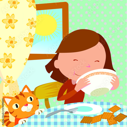 Alimentazione bambini colazione di mattina, sul tavolo in cucina con tazza di latte e biscotti di cerali, FELICE e  gatto