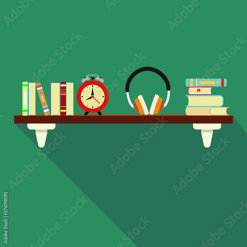 Book shelf and headphones, audiobook concept - vector illustration