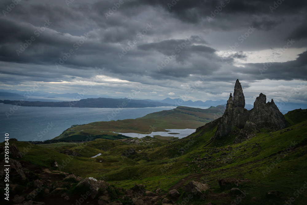 A dramatic sky over Old Man of Storr, Isle of Skye, Scotland