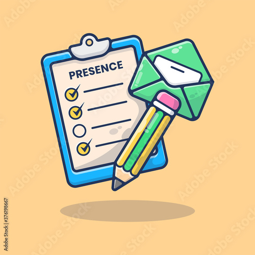 Checklist Presence Vector Illustration. Pencil with Letter. Back to School. Board Presence Class Equipment. Class Time. Flat Cartoon Style Suitable for Sticker, Wallpaper, Icon, Landing Page, Web.