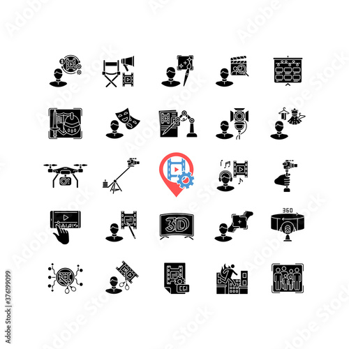 Film making process and staff black glyph icons set on white space. Art director. AI written screenplay. Hollywood actor. Theatrical props. Silhouette symbols. Vector isolated illustration