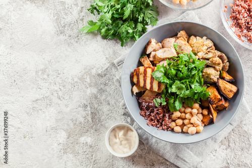 Buddha bowl lunch with chicken and other