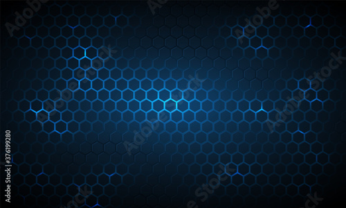 Dark blue technology hexagonal vector background. Abstract blue bright energy flashes under hexagon in navy blue technology, modern, futuristic vector illustration. Blue honeycomb texture grid.