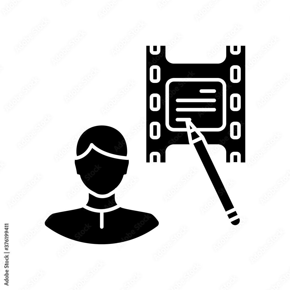 Screenwriter black glyph icon. Screenplay author. Film production specialist. Movie producer. Write script for cinematography. Silhouette symbol on white space. Vector isolated illustration Screenwriter black glyph icon. Screenplay author. Film production specialist. Movie producer. Write script for cinematography. Silhouette symbol on white space. Vector isolated illustration