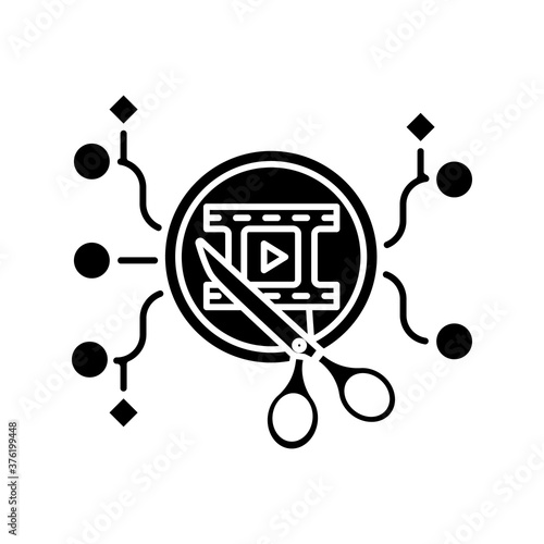 Algorithmic editing black glyph icon. Artificial intelligence on video making process. Innovative movie production. Virtual content. Silhouette symbol on white space. Vector isolated illustration