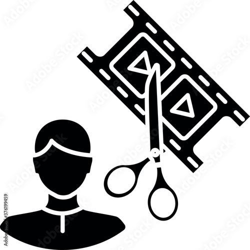Film editor black glyph icon. Professional filmmaker. Editing movie. Cinema production specialist. Cut filmstrip. Visual content. Silhouette symbol on white space. Vector isolated illustration