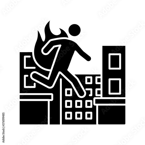 Stuntman black glyph icon. Cinema actor. Movie performer professional. Person run in disaster. Safety during fire hazard. Silhouette symbol on white space. Vector isolated illustration