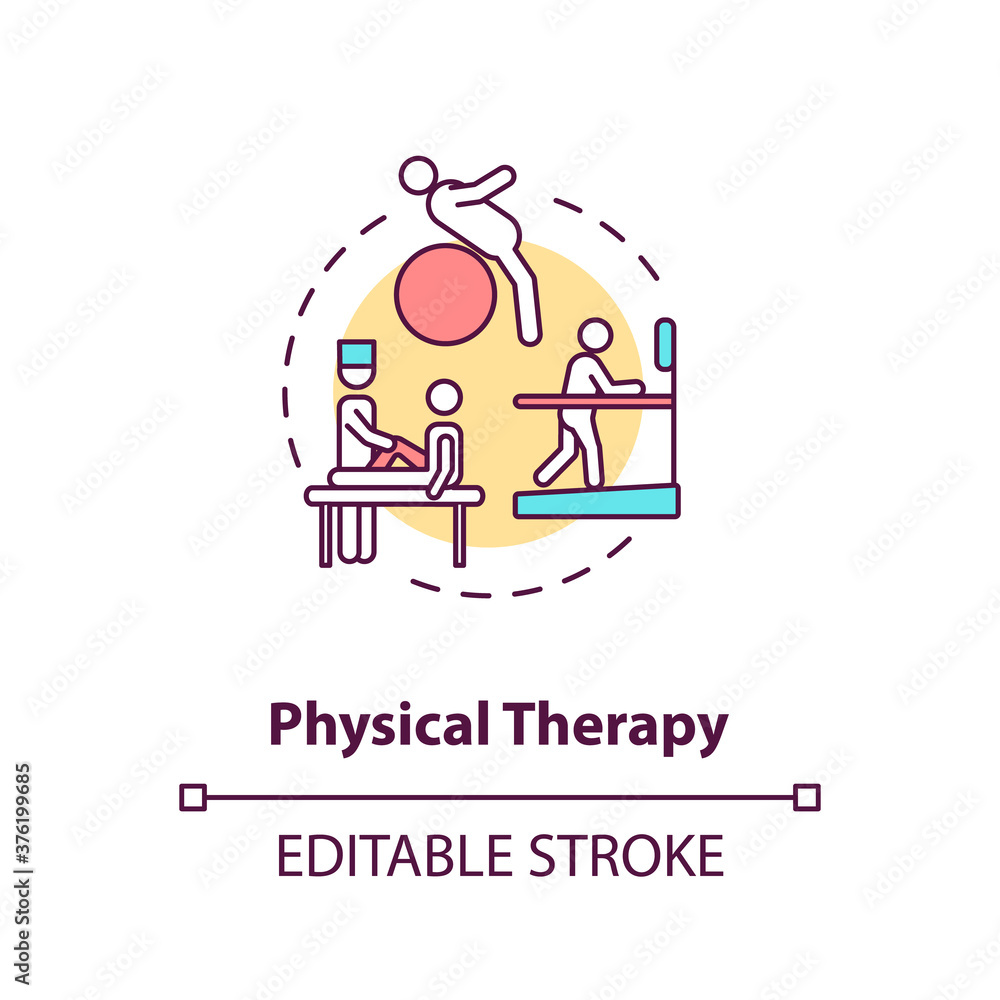 Obraz premium Physical therapy concept icon. Professional physician aid, physiotherapy idea thin line illustration. Trauma recovery, injury rehabilitation. Vector isolated outline RGB color drawing. Editable stroke