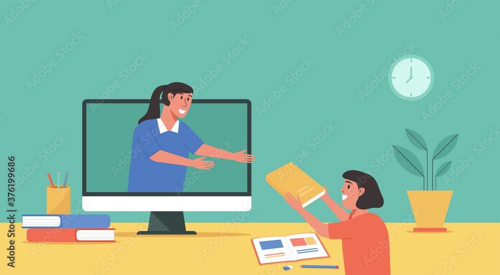online class, online education concept, distance learning from home, student using computer assign homework to teacher, vector flat illustration online class, online education concept, distance learning from home, student using computer assign homework to teacher, vector flat illustration