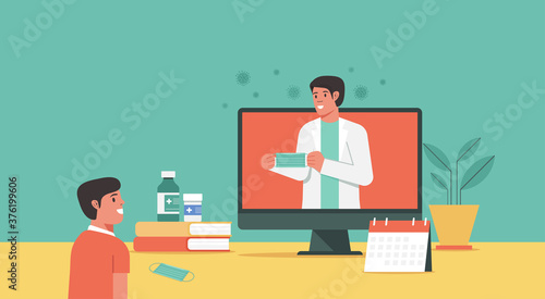 how to wear face mask online lesson, online education concept, distance learning from home, teacher connecting to student via video call on computer, vector flat illustration