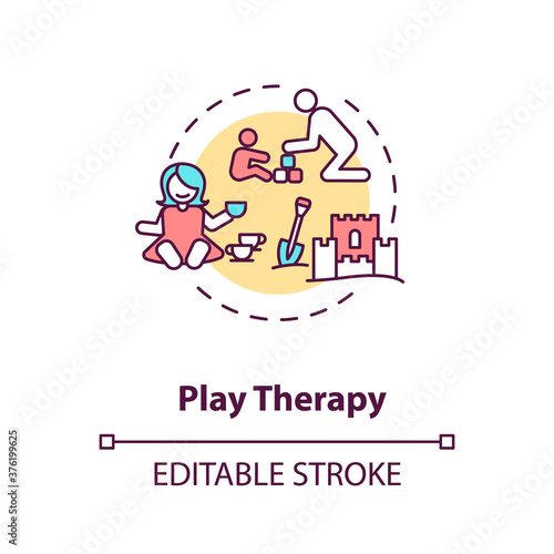 Play therapy concept icon. Fun and engaging games for mentally disabled children. Kids development, pediatrics idea thin line illustration. Vector isolated outline RGB color drawing. Editable stroke