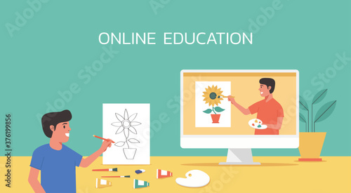 online art class, online education concept, distance learning from home, male teacher show his student painting skill via video call on computer, vector flat illustration