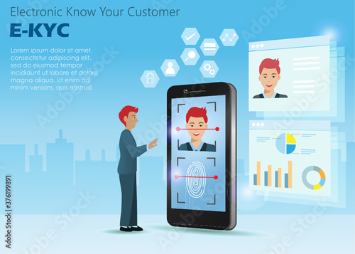 Businessman using e-krc (electronic know your customer) face and fingerprint recognition.For individual biometric identification and financial safety, cyber crime defence in digital online technology.
