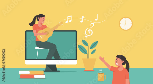 online music class, online education concept, distance learning from home, female teacher show her student guitar skill via video call on computer, vector flat illustration