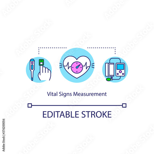 Vital signs measurement concept icon. Health condition exam idea thin line illustration. Heart rate, blood pressure and sugar level check. Vector isolated outline RGB color drawing. Editable stroke