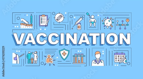 Vaccination word concepts banner. Diseases prevention. Immunization campaign infographics with linear icons on blue background. Isolated typography. Vector outline RGB color illustration