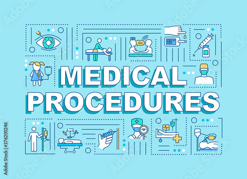 Medical procedures word concepts banner. Diseases diagnostics and treatment infographics with linear icons on turquoise background. Isolated typography. Vector outline RGB color illustration