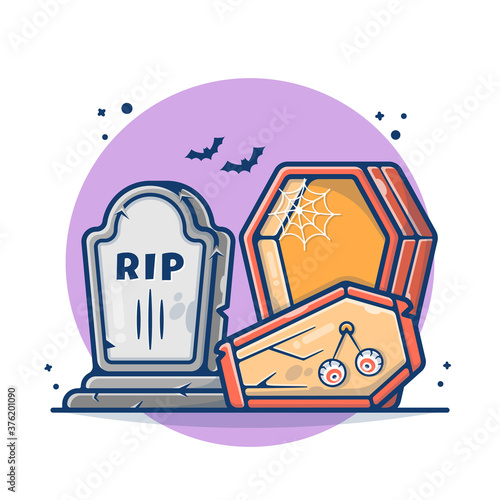 Halloween Tombstone and Coffin Vector Illustration. Bat, Eyes, and Stone Halloween Concept. Flat Cartoon Style Suitable for Sticker, Wallpaper, Icon, Landing Page, Web.