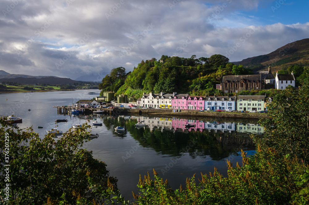 City landscape of Portree in the morning with a cloudy sky, Isle of Skye, Scotland, United K