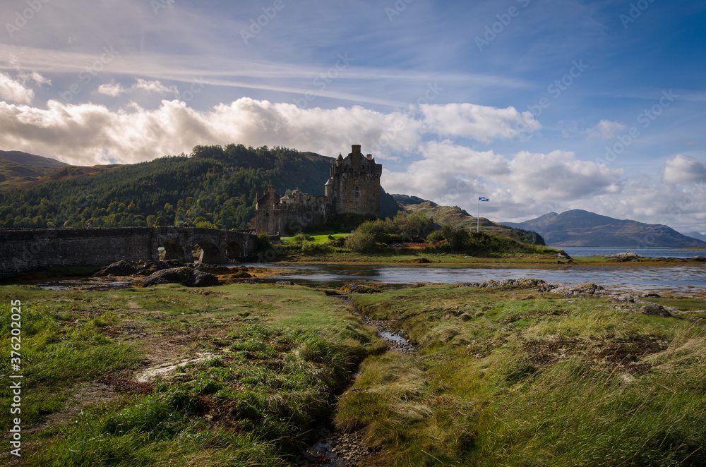 Eilean Donan Castle on Loch Duich in a summer day with blue sky, Highland, Scotland, United Kingdom