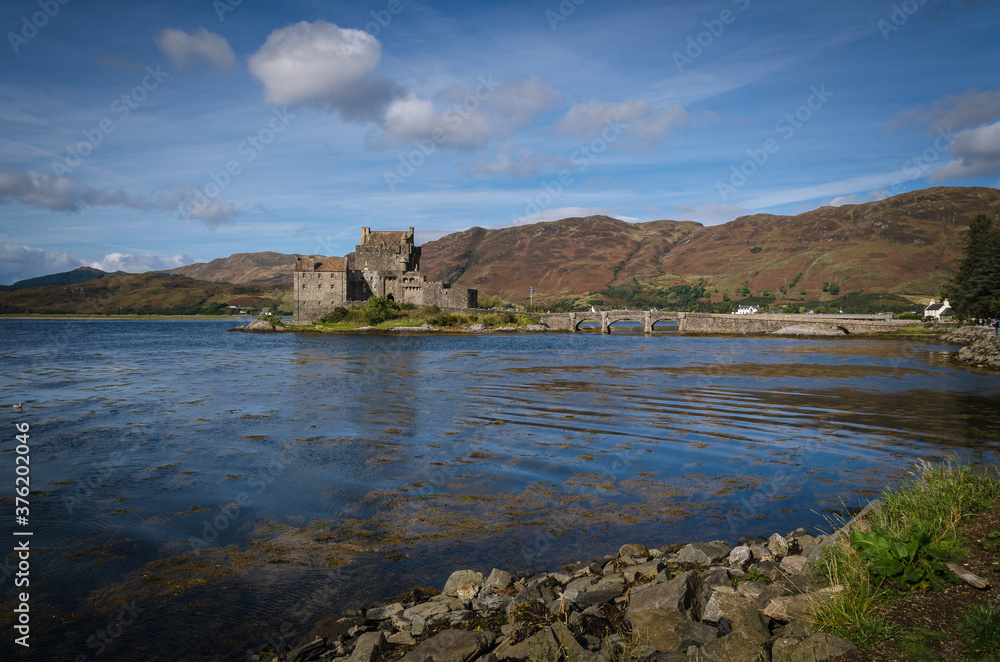 Eilean Donan Castle on Loch Duich in a summer day with blue sky, Highland, Scotland, United Kingdom