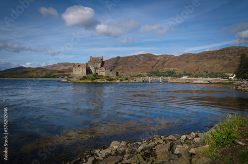 Eilean Donan Castle on Loch Duich in a summer day with blue sky  Highland  Scotland  United Kingdom