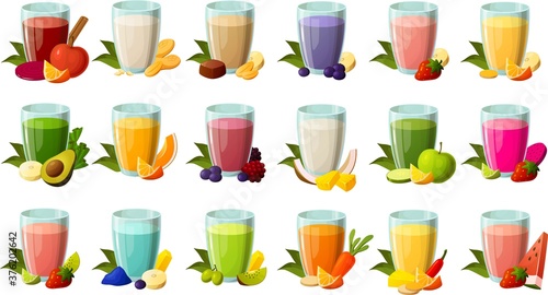 Vector illustration of various smoothies and green juices with garnish isolated on white background