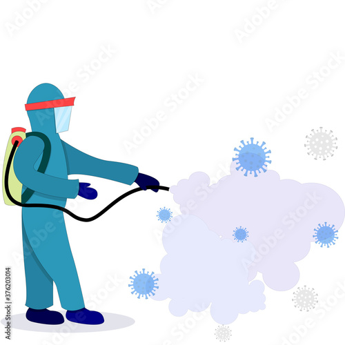 A person in a protective suit or clothing performs disinfection work, a spray for cleaning and disinfecting the virus, Covid-19, coronavirus disease. © Vitalii