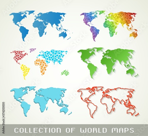 Collection of color world maps with different textures