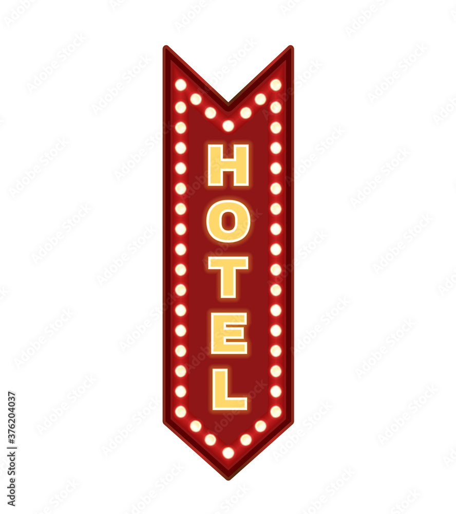 Hotel sign red arrow neon lights. Vector vintage motel wall sign showing down. Graphic isolated illustration