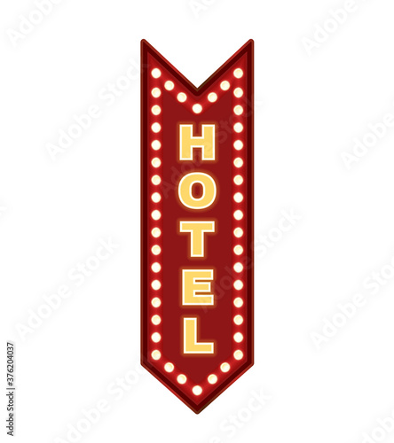 Hotel sign red arrow neon lights. Vector vintage motel wall sign showing down. Graphic isolated illustration