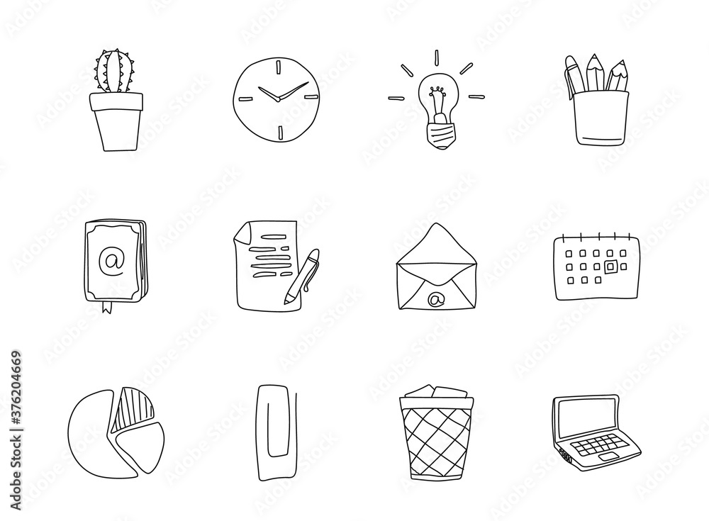 office doodles isolated on white. office icon set for web design, user interface, mobile apps and print office doodles isolated on white. office icon set for web design, user interface, mobile apps and print