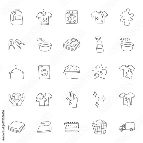 laundry hand drawn linear doodles isolated on white background.laundry icon set for web and ui design, mobile apps and print products