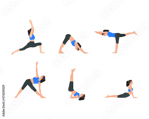 Various yoga poses set. Female yoga vector illustration. Healthy lifestyle.
